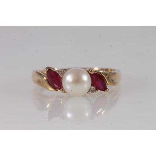 600 - 14ct gold pearl, ruby and diamond ring, size N, 2.7g.