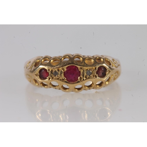 613 - 18ct gold five stone ruby and diamond ring, size N, 1.7g.