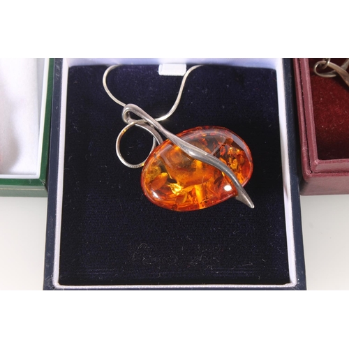 633 - Six amber pendants on chains in Past Times and Envy Amber photographs. (7)