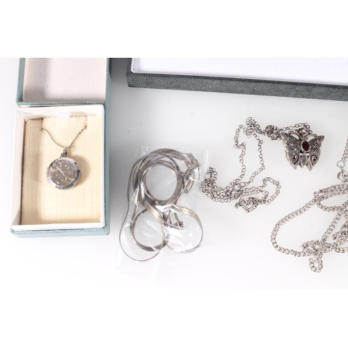 640 - Silver and white metal jewellery to include a dragonfly brooch, a pendant in Ortak box, necklaces an... 