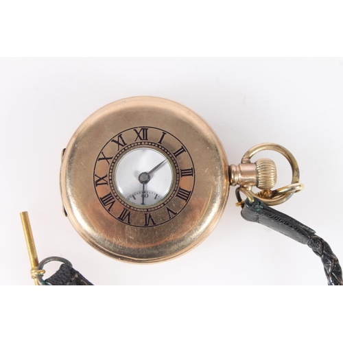 657 - Gold plated half hunter keyless pocket watch with 15 jewel Swiss movement.