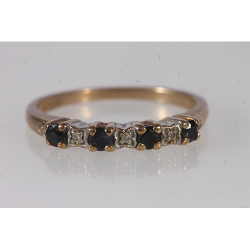 662 - 9ct gold diamond and sapphire 9 stone half hoop ring, size O/P, 2.2g.