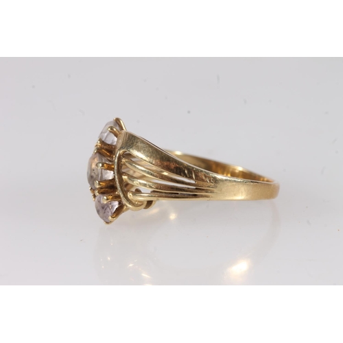 665 - 14ct gold three stone dress ring, size T, 5.6g.