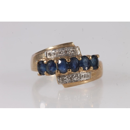 666 - 9ct gold sapphire and diamond triple band multi stone dress ring, size N, 2.6g.