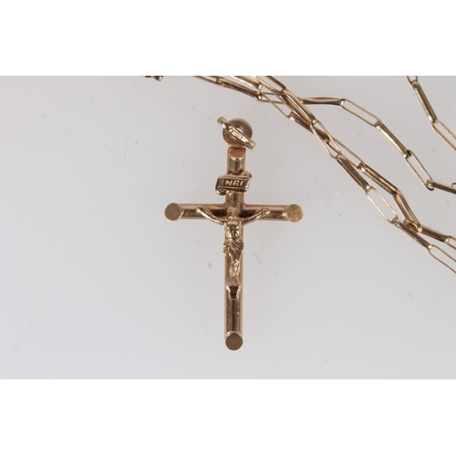 673 - 9ct gold baton link neck chain and a 9ct gold crucifix pendant, 4.6g gross. (2)