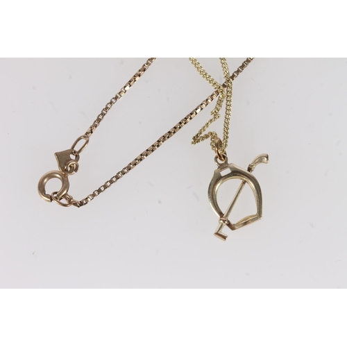 676 - 8ct gold box link neck chain and an 8ct gold curb link chain with 8ct gold stirrup and crop pendant,... 