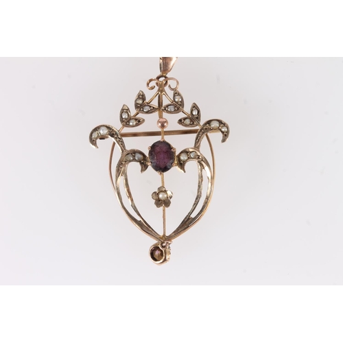 681 - Art Nouveau style 9ct gold amethyst and seed pearl Holbein pendant/brooch, 3.0g gross.