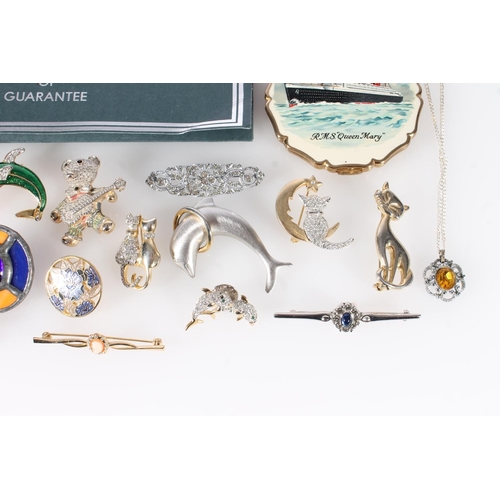 689 - Costume jewellery to include animal brooches, bar brooch, target brooch, Stratton RMS Queen Mary com... 