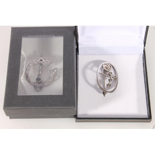 696 - Scottish and Celtic inspired silver and white metal jewellery to include a Glasgow silver longship b... 