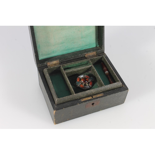 728 - Antique jewellery box, a Scottish silver pebble set target brooch, a carnelian handle and a white me... 