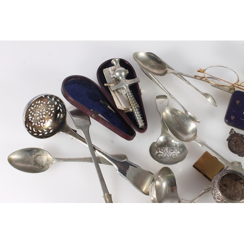 741 - Curios to include two silver medal fobs, a Moroccan coin spoon, two pair of vintage glasses, cased s... 