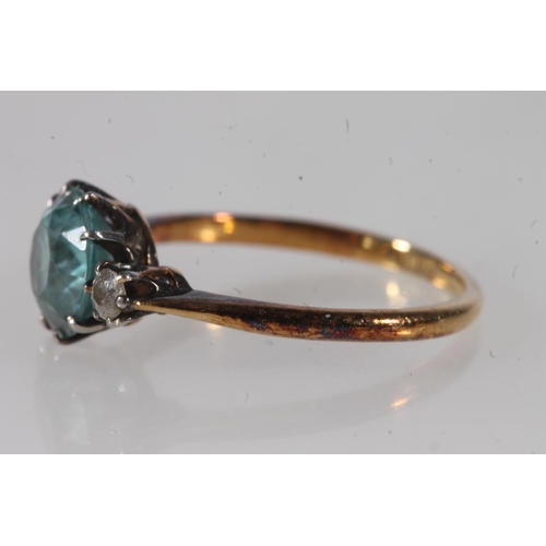 756 - 18ct gold diamond and aquamarine blue stone dress ring, 2.6g, held in Whibley and Son of Worthing je... 