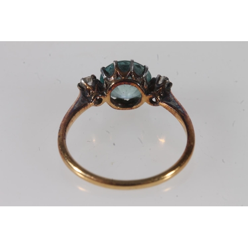 756 - 18ct gold diamond and aquamarine blue stone dress ring, 2.6g, held in Whibley and Son of Worthing je... 