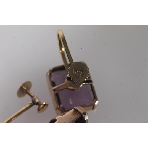 757 - 9ct gold amethyst dress ring, 5.8g and a pair of similar earrings 4.2g, 10g gross. (2)