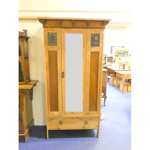 447 - Early 20th Century Art Nouveau white oak single doored mirrored wardrobe with pewter planished buddi... 