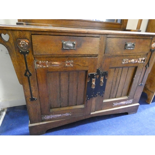 448 - Arts and crafts oak mirrored back sideboard in the manner of Shapland and Petter with shelved overti... 