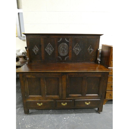 456 - Antique oak sideboard being a marriage of earlier examples having a backplate with incised mandala p... 