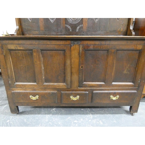 456 - Antique oak sideboard being a marriage of earlier examples having a backplate with incised mandala p... 