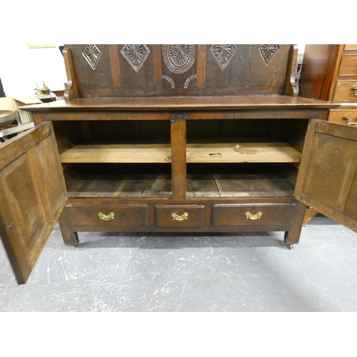 456 - Antique oak sideboard being a marriage of earlier examples having a backplate with incised mandala p... 