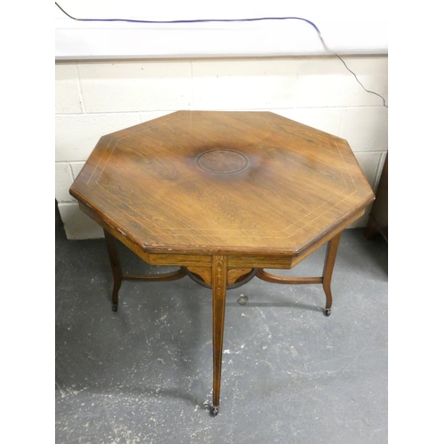 457 - Victorian octagonal top rosewood occasional table with satinwood inlay and circular undertier. Heigh... 