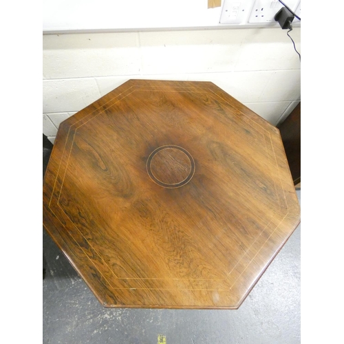 457 - Victorian octagonal top rosewood occasional table with satinwood inlay and circular undertier. Heigh... 