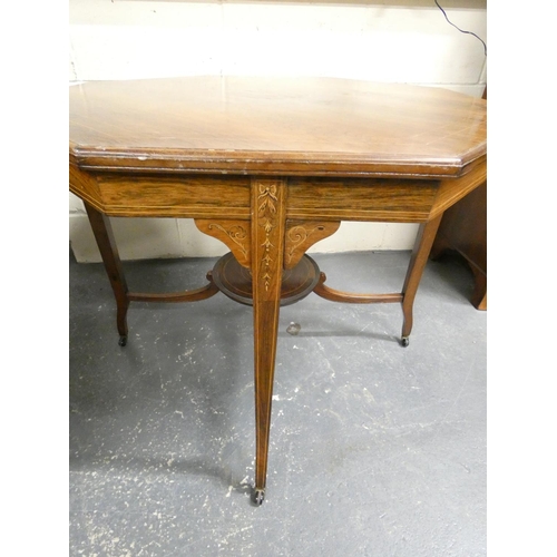 457 - Victorian octagonal top rosewood occasional table with satinwood inlay and circular undertier. Heigh... 