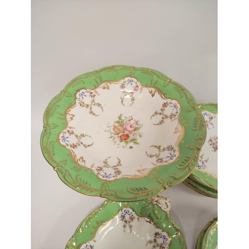 199 - 19th century green and gilt floral dessert service comprising of comport, six dishes, and sixteen pl... 