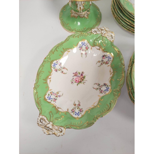 199 - 19th century green and gilt floral dessert service comprising of comport, six dishes, and sixteen pl... 