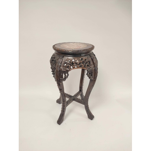 402 - Antique Chinese style mahogany jardinière stand decorated with budding flowers and berries with a br... 