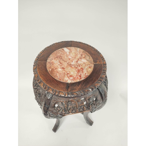 402 - Antique Chinese style mahogany jardinière stand decorated with budding flowers and berries with a br... 