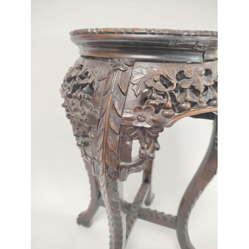 402 - Antique Chinese style mahogany jardinière stand decorated with budding flowers and berries with a br... 