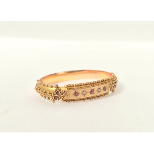 22A - Antique 9ct gold Etruscan style gated bracelet with granulated decoration and inset diamonds and rub... 