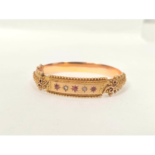 22A - Antique 9ct gold Etruscan style gated bracelet with granulated decoration and inset diamonds and rub... 