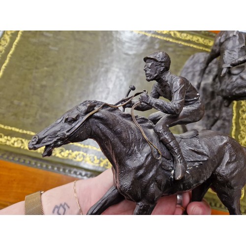 205 - After Pierre-Jules Mene, pair bronze jockey and horse figures, each base 22cm long, 21cm h, signed M... 