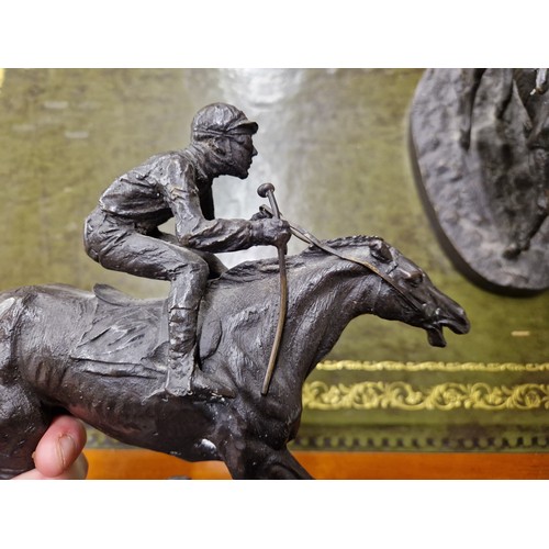 205 - After Pierre-Jules Mene, pair bronze jockey and horse figures, each base 22cm long, 21cm h, signed M... 