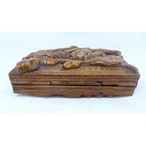 394 - Scottish carved sycamore blind man's table snuff box, 19th century, carved with figures relating to ... 