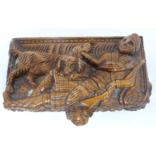 394 - Scottish carved sycamore blind man's table snuff box, 19th century, carved with figures relating to ... 