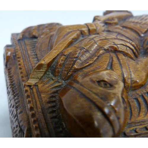 394 - Scottish carved sycamore blind man's table snuff box, 19th century, carved with figures relating to ... 