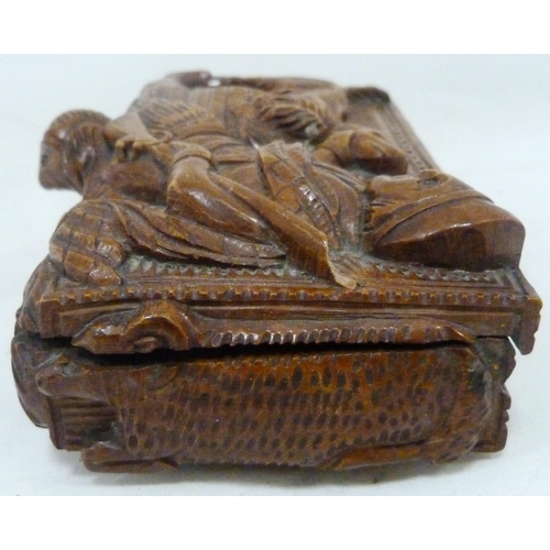 394 - Scottish carved sycamore blind man's table snuff box, 19th century, carved with figures relating to ... 