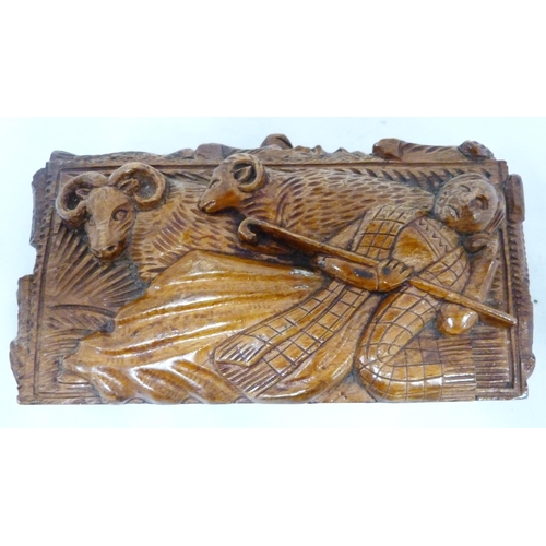 394 - Scottish carved sycamore blind man's table snuff box, 19th century, carved with figures relating to ... 