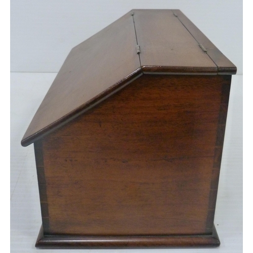 395 - Victorian mahogany stationery box with hinged sloping front cover enclosing fitted compartments, 23.... 