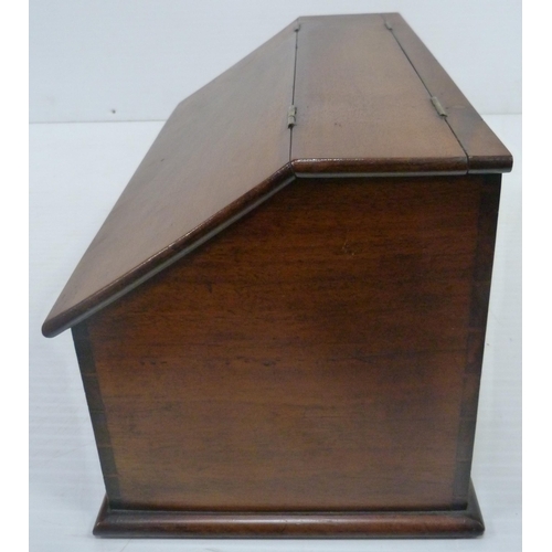 395 - Victorian mahogany stationery box with hinged sloping front cover enclosing fitted compartments, 23.... 