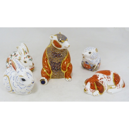 320 - Five Royal Crown Derby animal paperweights modelled as a meadow rabbit, puppy, bear, poppy mouse and... 