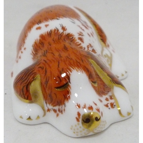 320 - Five Royal Crown Derby animal paperweights modelled as a meadow rabbit, puppy, bear, poppy mouse and... 