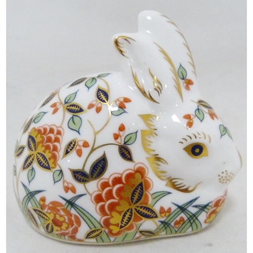 320 - Five Royal Crown Derby animal paperweights modelled as a meadow rabbit, puppy, bear, poppy mouse and... 