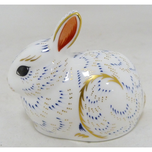 320 - Five Royal Crown Derby animal paperweights modelled as a meadow rabbit, puppy, bear, poppy mouse and... 