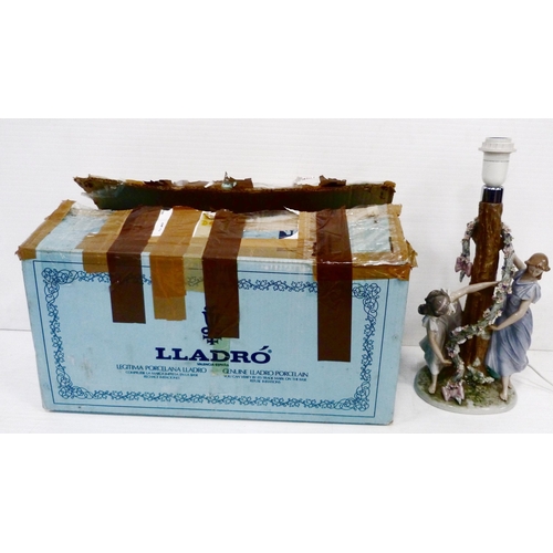 326 - Lladro lamp base in the form of two maidens decorating a tree with a floral garland, impressed no. 1... 