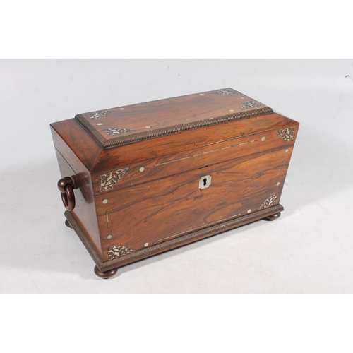 1 - Victorian rosewood and mother-of-pearl inlaid sarcophagus shape tea caddy.