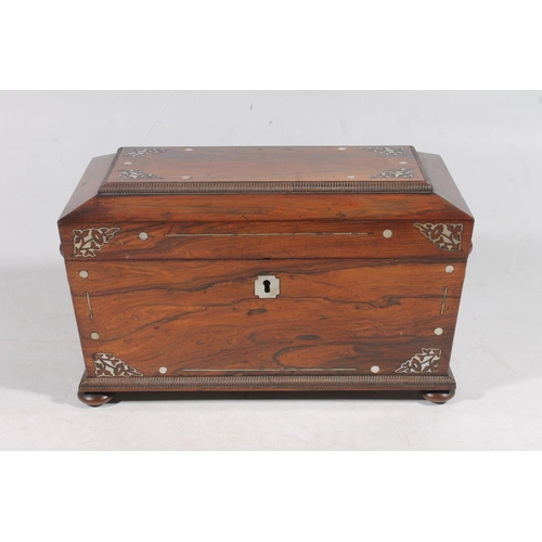 1 - Victorian rosewood and mother-of-pearl inlaid sarcophagus shape tea caddy.