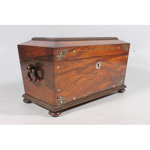 1 - Victorian rosewood and mother-of-pearl inlaid sarcophagus shape tea caddy.